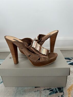 Brown Suede Platform Mule Heels with Mother-of-Pearl Accent